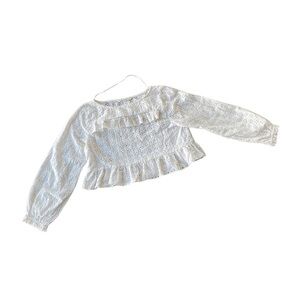Zara Woman Size Medium Eyelet Cropped Blouse White Premium Denim Collection Boho